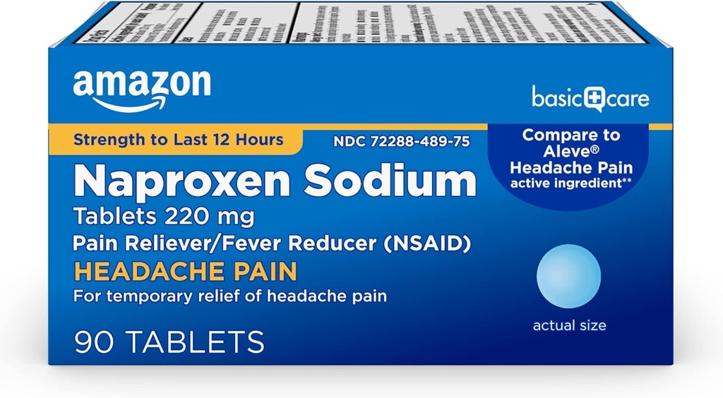 Cuidado básico dolor de cabeza Alivio de dolor Tablas de sodio Naproxen 220 mg, También Alivia la artritis, dolores musculares, dolor de espalda, calambres menstruales y dolor de estómago, 90 conteo