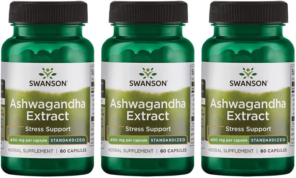 Swanson Ashwagandha Extract-Natural Supplement Promoting A Healthy Stress Response, Energy Support & Nervous System Health-Ayurvedic Supplement for Natural Wellness-(60 Capsules, 450mg Cada) (3 Pack)