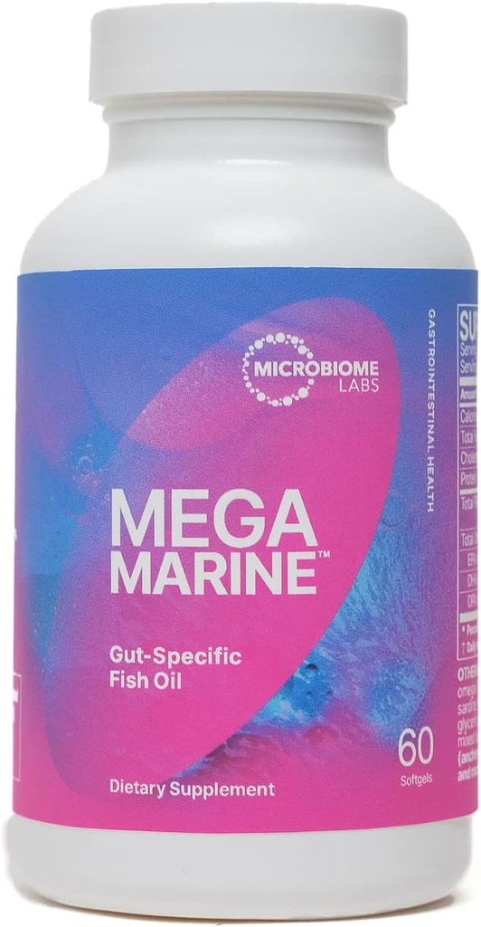 Microbiome Laboratorios MegaMarine Omega 3 Suplementos de aceite de pescado - Gut-Specific EPA DHA Omega 3 Suplemento con DPA para Gut Health - Soporte Immune & Gut Barrier Función (60 Softgels)