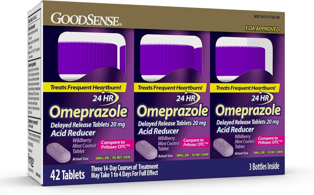 GoodSense Omeprazole, Compara con Prilosec, Tablas de liberación retrasada 20 mg, Reductor de ácido, Tableta de mezcla de menta de fresa, 42 Conde