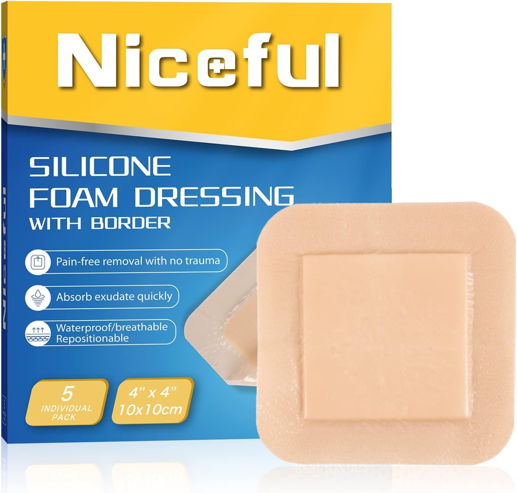 Silicona Foam Dressing 4"x4", Bandas de silicona impermeables con Adhesivo Fronterizo, Alta Absorbencia Cama Sore Bandages Wound Care Dressing (2.5"X2.5" Pad), 5 Packs, FSA HSA Eligible