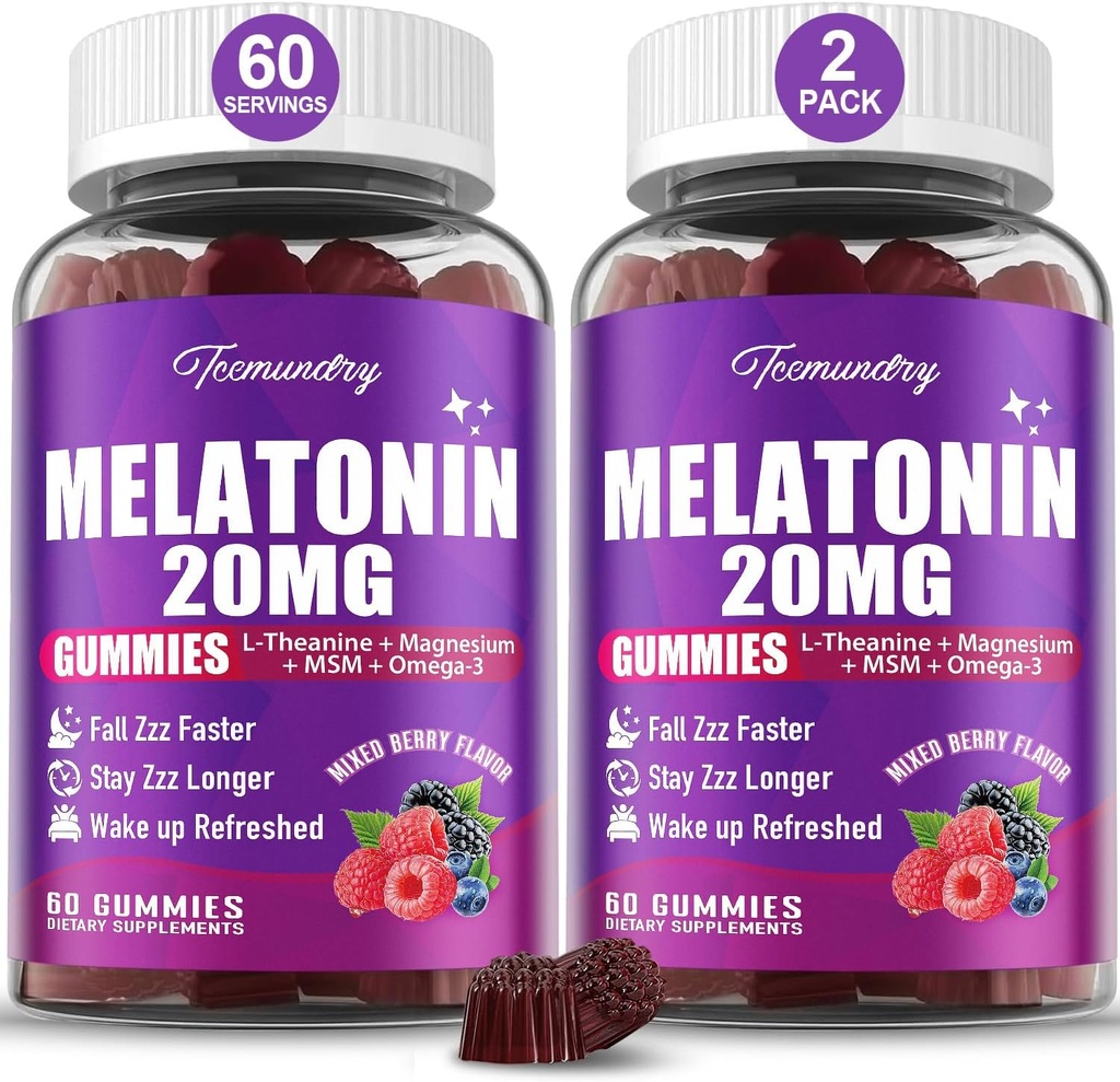 Melatonin Gummies 20mg for Adults - Maximum Strength Melatonin Gummies with L-Theanine, Magnesium, Omega-3, MSM, D3 & Zinc - Non-Habit Forming, Vegan, Non GMO, Natural Mixed Berry Flavor