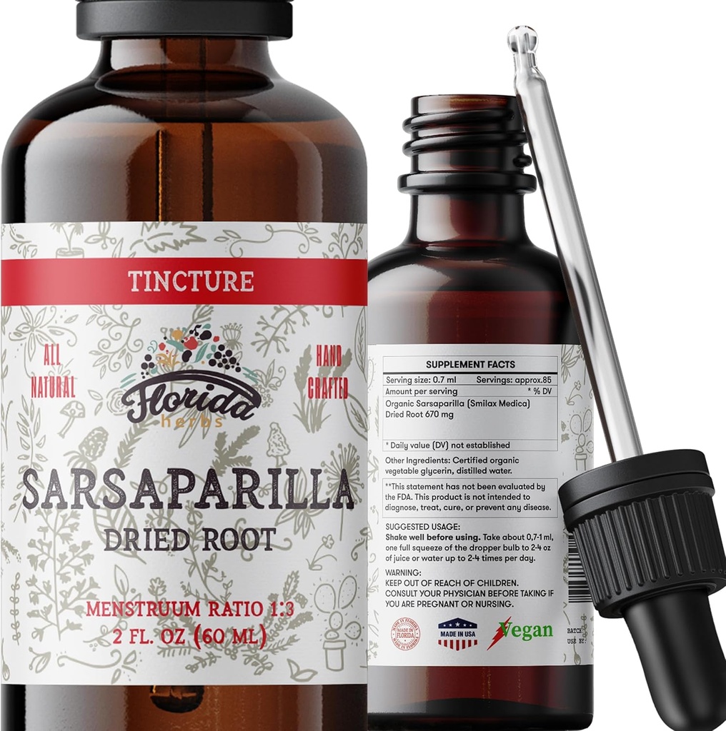 Sarsaparilla Tincture, Organic Sarsaparilla Extract (Smilax Medica) Dried Root, Non-GMO in Cold-Pressed Organic Vegetable Glycerin 2 oz, 670 mg