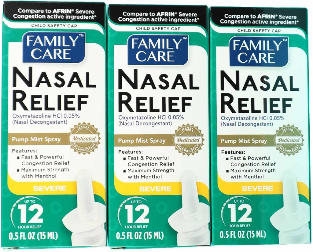 FamilyCare Nasal Relief Spray, Pump Mist, Anti-drip, Severe Congestion, (Oxymetazoline HCI) 12 Horas, 3 Pack