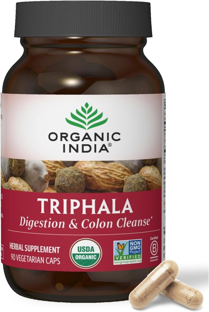 ORGANIC INDIA Triphala Capsules Orgánico - Suplemento Herbal con Amla, Bibhitaki, Haritaki, Digestión > Apoyo al Sistema Inmunitario, Adaptógeno, Vegan, USDA Orgánica certificada - 90 cápsulas