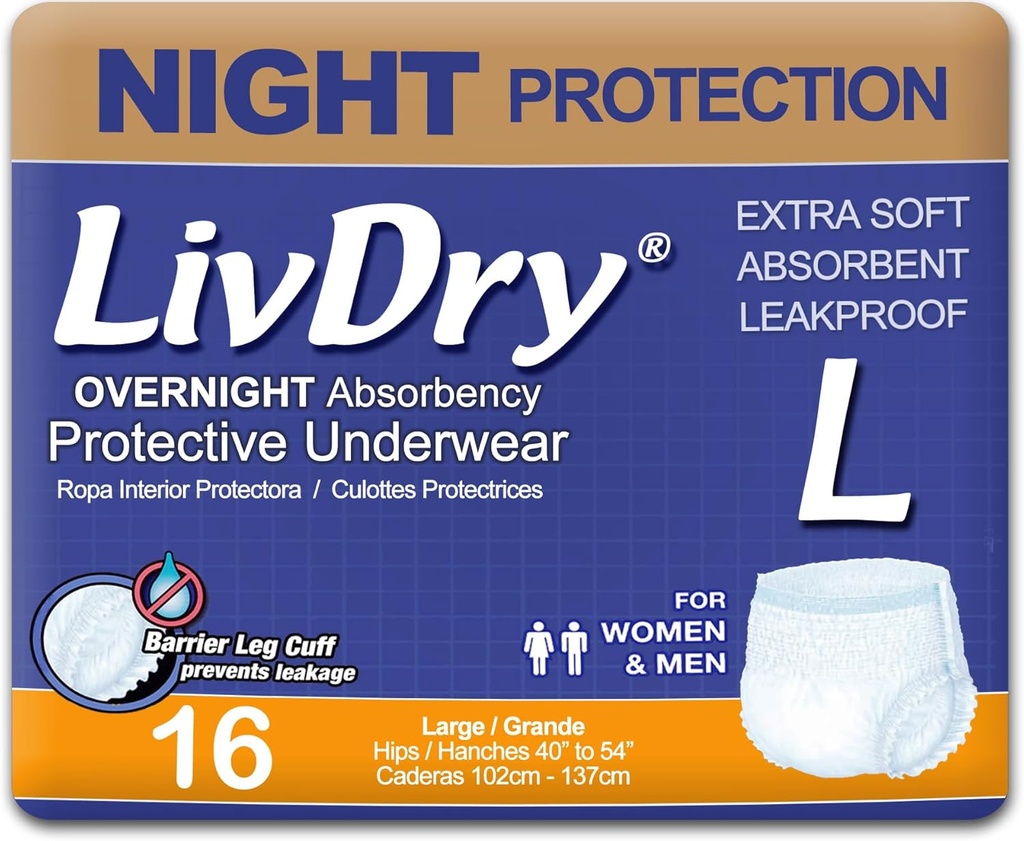 LivDry Adult Diapers Grande Incontinencia Ropa interior, Alojamiento, Protección de Leak, 16-Pack