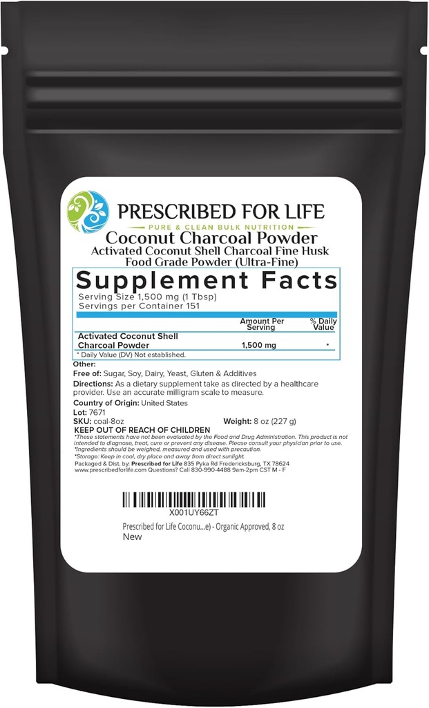 Prescrito para la vida Pólvora de carbón activado, cárculo de cáscara de coco ultra fino del cáscara de alimentos pólvora (8 oz)