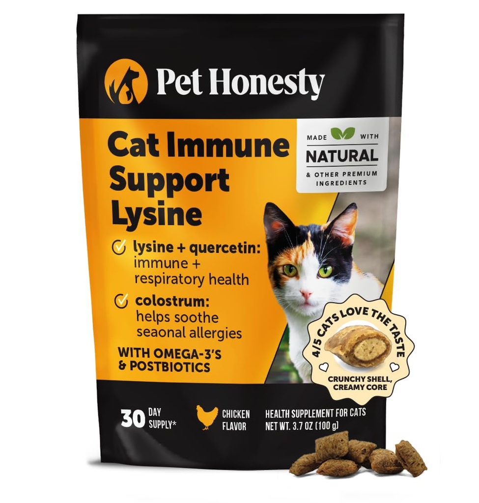 Cat Immune Support Lysine – Alivio de Alergia &amp; Suplemento de Salud Inmune para gatos con L-Lysine, Colostrum, Quercetin &amp; Omega-3 – Soothes Sneezing, Runny Nose ' Itchy Skin Chicken, (30-Day Supply)