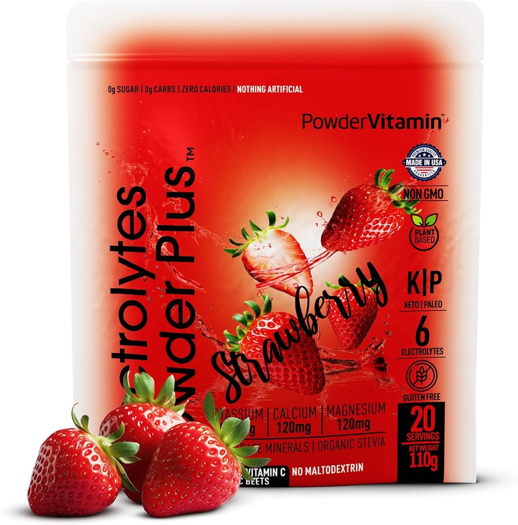 PowderVitamin Electrolytes Powder Plus (20 Servings) Strawberry Electrolyte Powder, No Maltodextrin, Keto,Sugar Gratis,Pink Himalayan Salt,1000mg Potasio, 120mg Calcium,120mg Magnesium,Hydration Powder