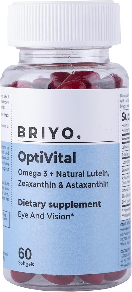 Briyo Optivital Eye Health Suplemento con Lutein, Zeaxanthin, Astaxanthin y Omega 3 – Apoya la claridad visual, el alivio de la fatiga y la salud retina a largo plazo – Uno al día, 60 Softgels