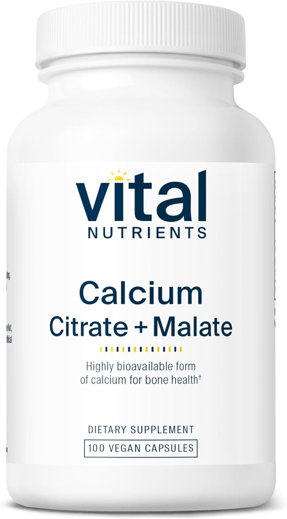 Nutrientes vitales Citrato de calcio y complejo de malata 150mg ← Suplemento vegano Silencioso Apoyo Bone Strength, Muscle y Salud Cardiovascular* ← Gluten, Dairy y Soy Gratis 100 Capsules