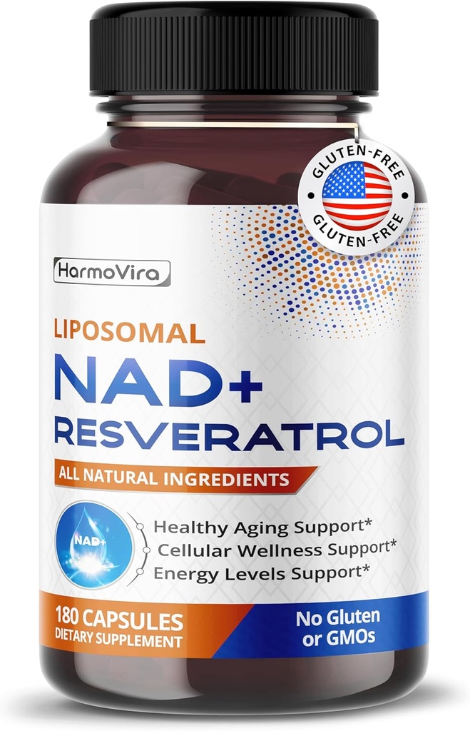 Liposomal NAD+ 600mg con Resveratrol 200mg para energía celular y envejecimiento saludable – 180 cápsulas – Vegan, No GMO, EE.UU.