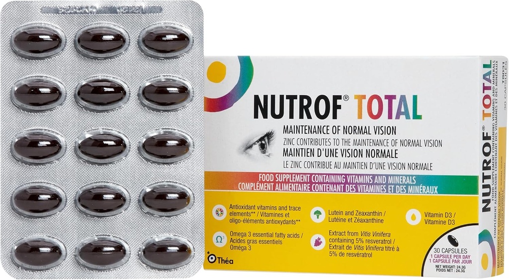 Nutrof Total Capsules – Suplemento de Salud Ocular con Lutein, Zeaxanthin, Omega 3 y Antioxidantes tóxicos Nutrientes Esenciales para la Salud Ocular Optimal Ø Pack of 30 Capsules (1 Cápsula por día - 1-Mes Fuente)