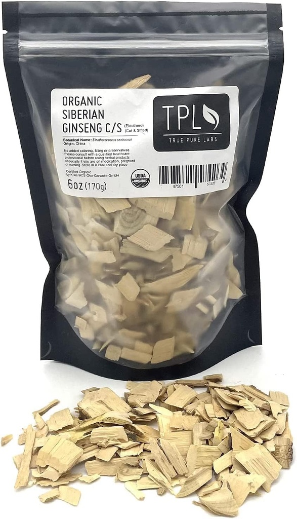 TPL Organic Siberian Ginseng Eleuthero Root Dried C/S 6Oz Premium Quality. Orgánica certificada. Sin gluten, no GMO y Vegan