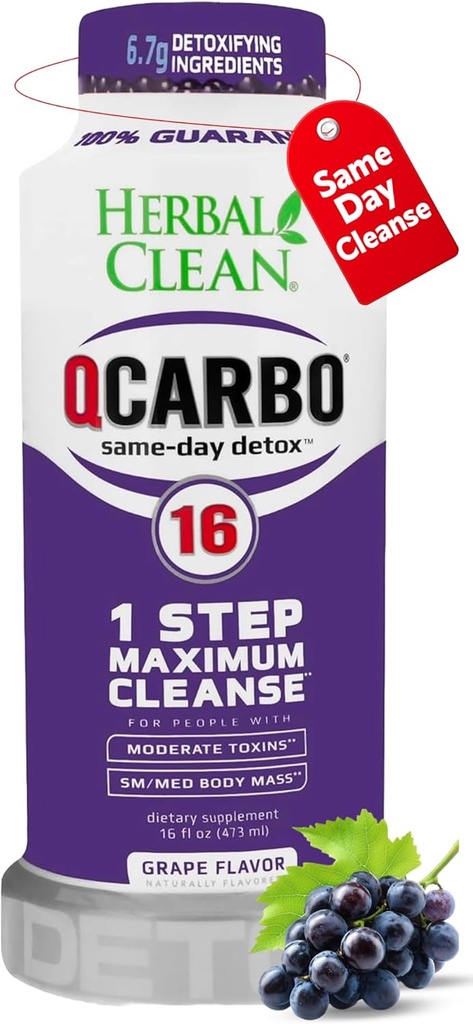 Herbal Limpio Qcarbo16 Bebida limpia de desintoxicación del mismo día (16 fl oz) - Grape Flavor Full Body Cleanse* Detox Drink for Moderate Toxin Level*, Vitamina B2 y Vitamina B12 para Hombres &amp; Mujeres