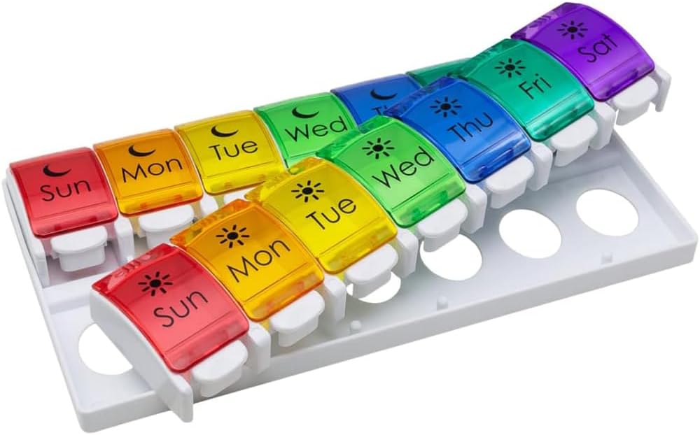 EZY DOSE Caja semanal de píldoras (7 días), Planificador de Medicina, organizador de vitaminas, 2 veces al día AM/PM, Trays de Removeabale, grandes comedores de botón de empuje, fácil de usar, artritis amistosa, Láminas de arco iris, BPA Gratis