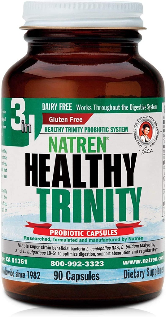 Natren Healthy Trinity Probiotics Suplemento - 90 Dairy and Gluten Free Gel Capsules - Mejorar el Gut y la Salud Digestiva, 30 Billones CFU - Lactobacillus Acidophilus, Bifidobacterium, Bulgaricus