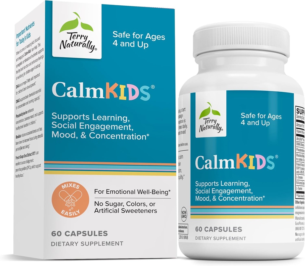 Terry Naturalmente Calm Kids - Suplemento Infantil Calma - Salud Cerebro para Focus, Memory & Concentration - Suplemento de Atención para Niños - Apoyo Aprendizaje & Concentración - 60 cápsulas