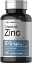 Horbäach Chelated Zinc Supplement 100mg TENIDO 250 Tablets TEN High Potency & Superior Absorption TEN VÍgetarian, Non-GMO, Gluten Free