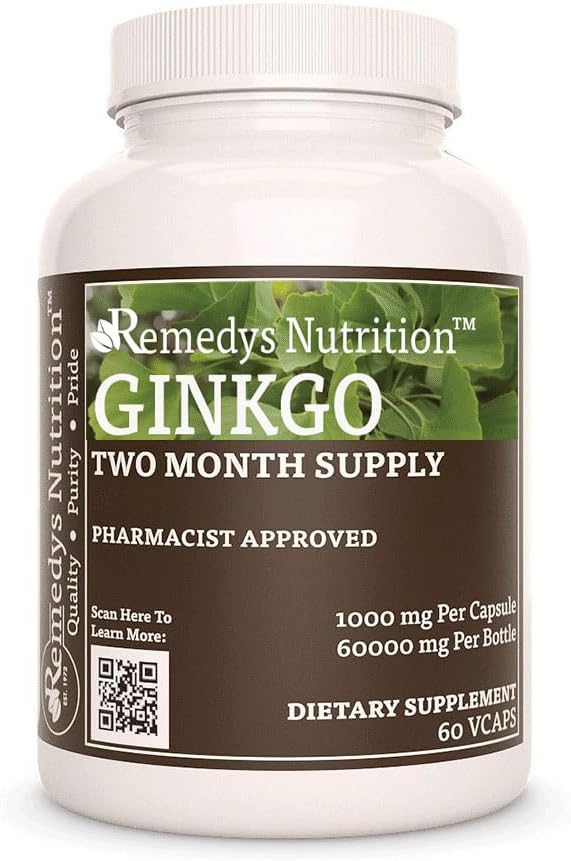 Nutrición de Remedy Ginkgo Biloba tención 1,000 mg, 60 cápsulas veganos Suplemento dietético herbal 