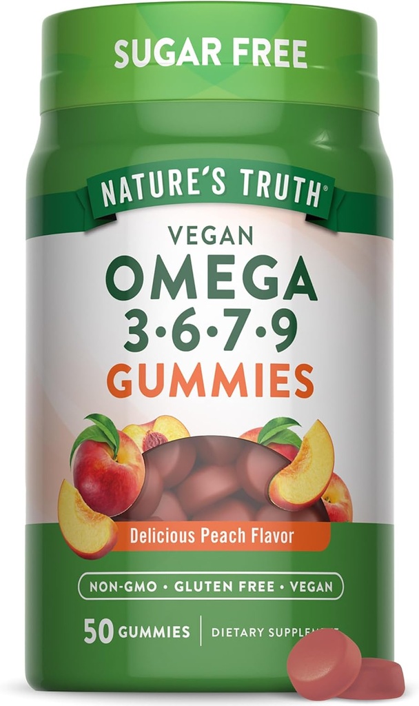 La verdad de la naturaleza Vegan Omega 3679 Gummies Silencio 50 Conde Silencio Peach Flavor ← No Gluten Suplemento Libre