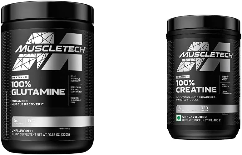 MuscleTech Creatine Monohydrate Powder Platinum Pure Micronized Muscle Recovery + Builder &amp; owder 100% Pure L Glutamine Powder