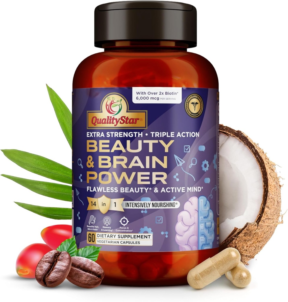 Belleza &amp; Poder Cerebro, Fuerza Extra + Triple Acción Suplemento Cerebro, Vitaminas de la piel para la belleza impecable, Belleza &amp; Suplementos de salud cerebral para adultos, 60 cápsulas vegetarianas