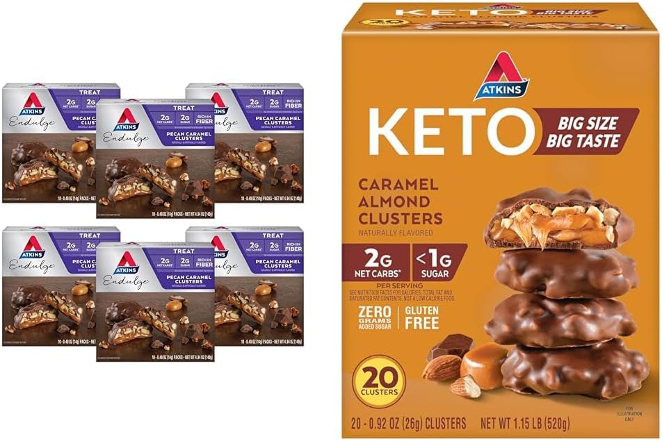 Atkins Pecan Caramel & Caramel Almond Clusters, 60 & 20 Count, High Fiber, Low Sugar, Low Carb