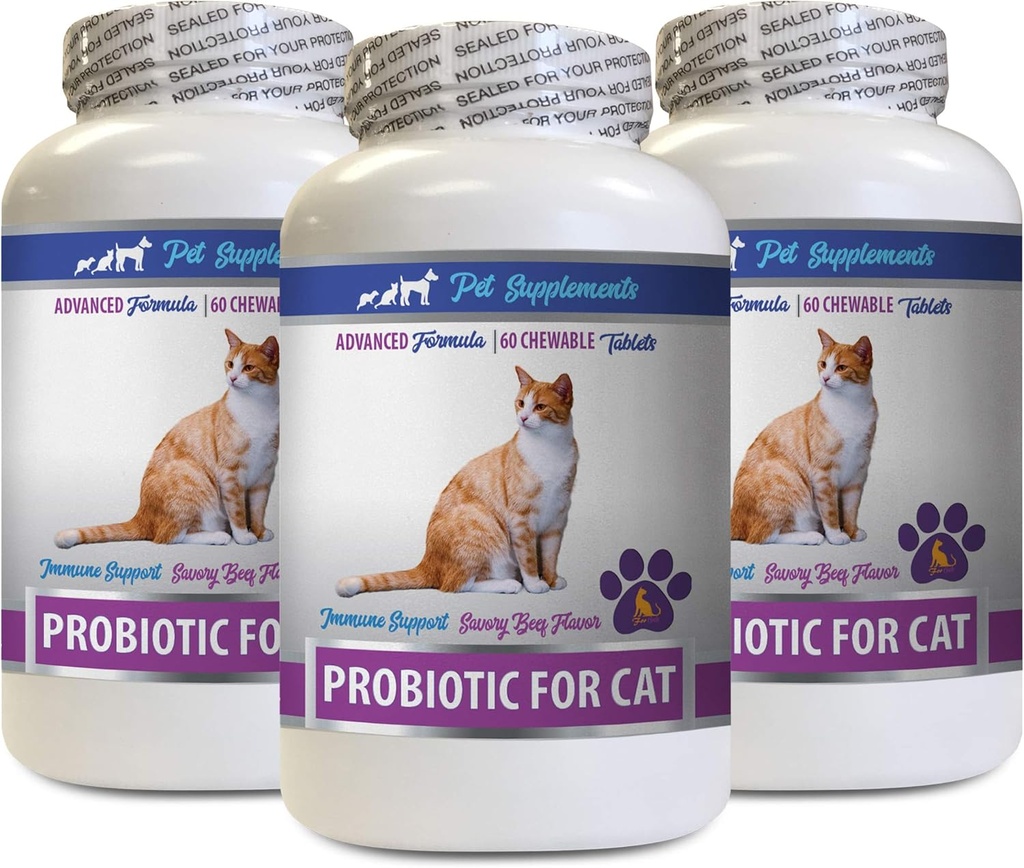 cat Mints for Bad Breath - CAT PROBIOTICS - Immune Support - Savory Beef Flavor - Natural Fórmula - probióticos gato Daily - 3 Botellas (180 Treats)