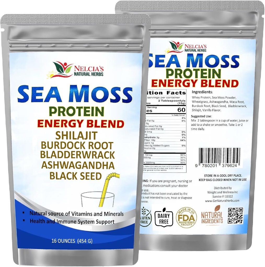 NELCIA'S NATURAL HERBS Sea Moss Ashwagandha Protein Powder -Natural Irish Sea Moss, Bladderwrack y Burdock Root, Black Seed y Shilajit Powder (16oz)