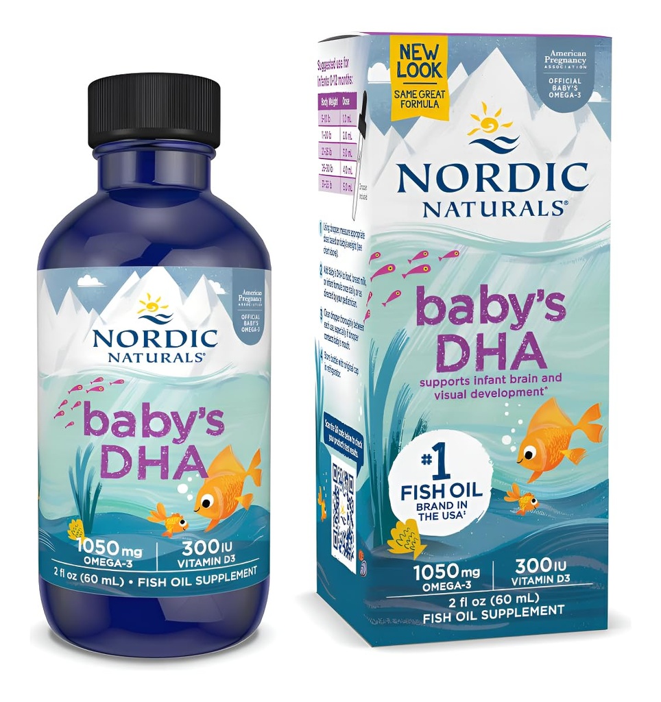 Naturales nórdicos DHA del bebé, desarmado - 2 oz - 1050 mg Omega-3 + 300 UI Vitamina D3 - Apoya el desarrollo del sistema nervioso, visión y nerviosismo en bebés - no GMO - Serviciones mayo Vary