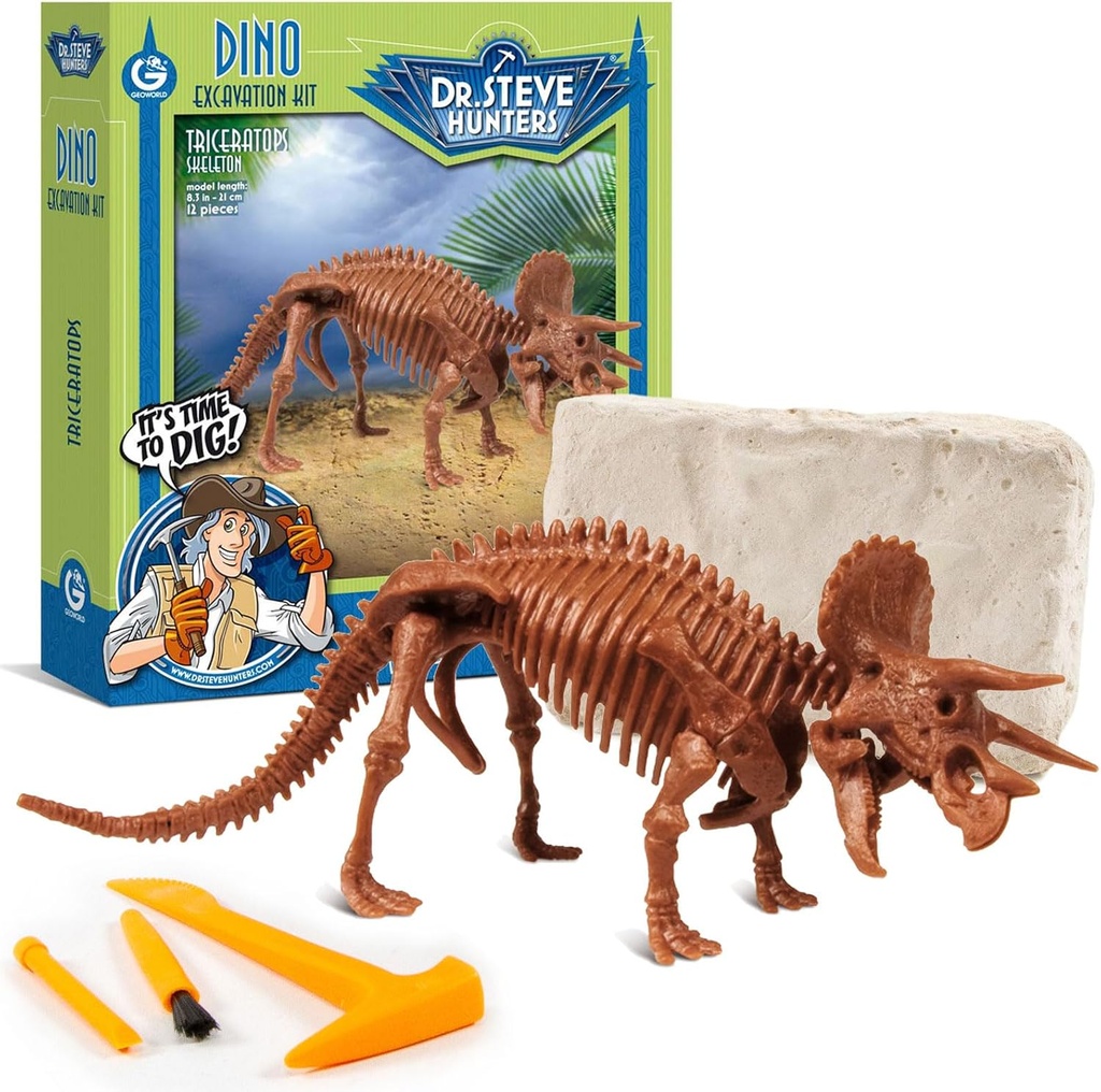 Geoworld Triceratops Dino Dig Kit – Assemble un modelo de esqueleto de dinosaurios auténticos de 8 pulgadas – Ultimate STEM Learning Experience for Kids Ages 6+