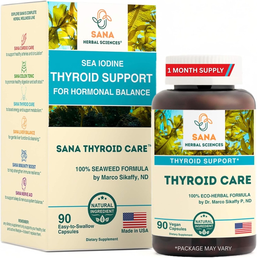 Organic Seaweed Thyroid Support – 210 mcg Natural Iodine from Kelp, Dulse & Bladderwrack – Hypothyroidism, Hormone Balance & Metabolism Aid – 90 Capsules – by Sana Herbal and Dr. Marco Sikaffy