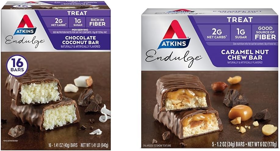 Atkins Endulge Chocolate Coconut Bar 16 Conde " Caramel Nut Chew Bar 5 Conde Bundle