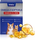 Wellix Pure Omega 3 Fish Oil for Dogs & Cats, Skin and Coat Supplement for Shedding, Promotes Heart, Skin, Coat, Joint, " Immune Health, Over 95% Omega 3, Rich in EPA + DHA, 60 Softgels
