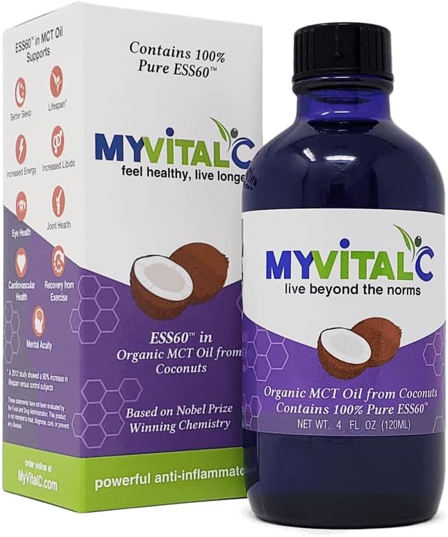 MyVitalC Organic MCT Oil Coconut Derived - Pure ESS60 Antioxidant Supplement - for Anti-Aging, Oxidation, Longevity, Sleep, More Energy - 120ML