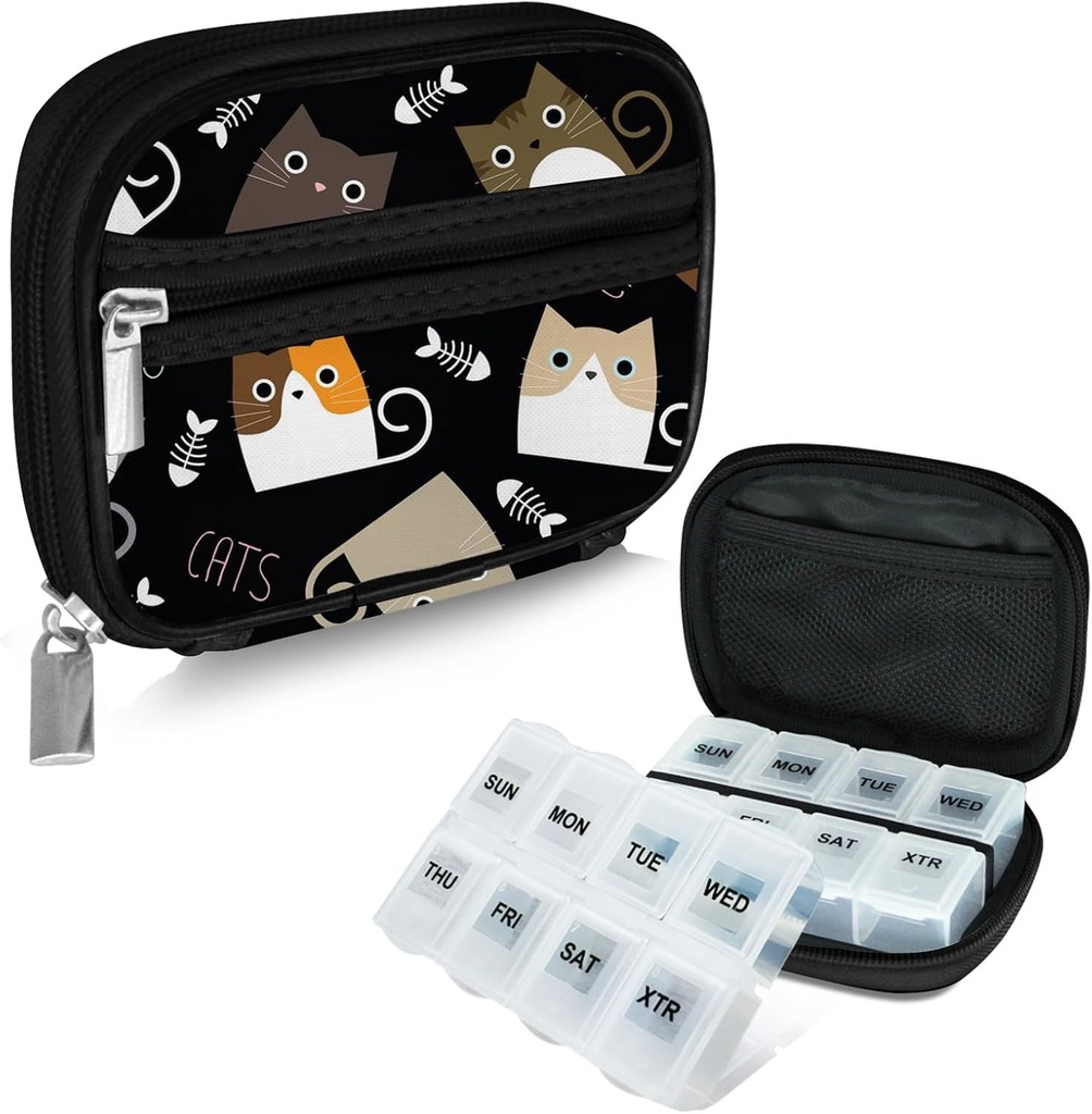 Serfeymi Weekly Travel Pill Organizer Pill Case for Purse with Removable 7 Day Pill Box, Fashionable Travel Medicine Organizer Pill Container for Medicine, Vitamin, Supplement - Black 03 + Pill Box