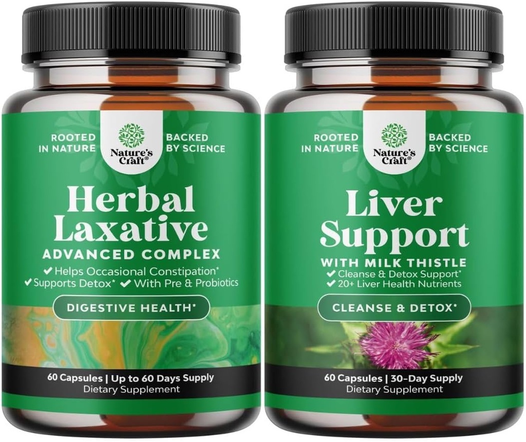 Bundle of Herbal Laxative Capsules with Probiotics and Milk Thistle Liver Support Supplement - Natural Colon Detox Digestive Support System - Herbal Liver Supplement with Silymarin Milk