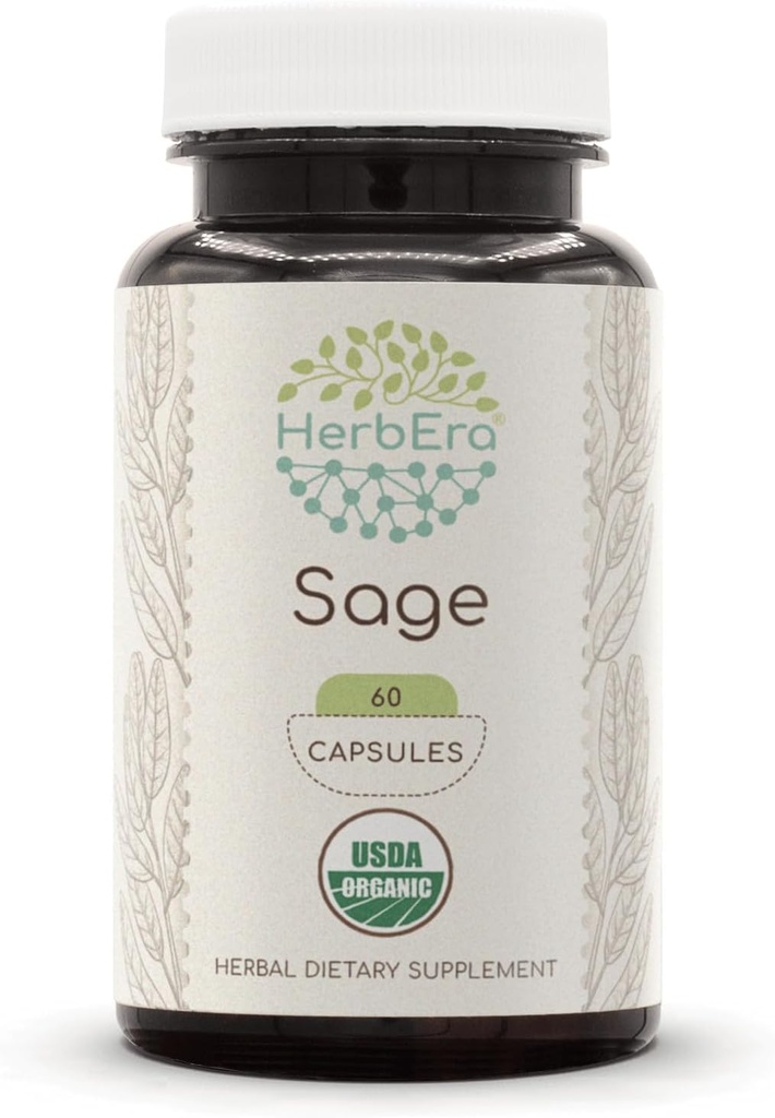 HerbEra Sage USDA Organic 60 Capsules ← Natural Herbal Suplemento Silencio Certified Organic Vegetarian Capsules and Organic Sage (Salvia officinalis) Leaf seco (60 cápsulas)