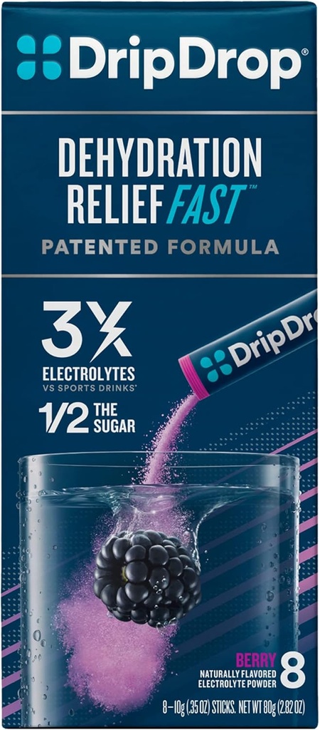 DripDrop ORS Electrolyte Hydration Powder Sticks, Berry, 10g Sticks, 8 Conde