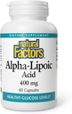 Factores naturales Ácido alfa-Lipoico 400 mg, Apoyo Antioxidante del cuerpo entero, 60 cápsulas