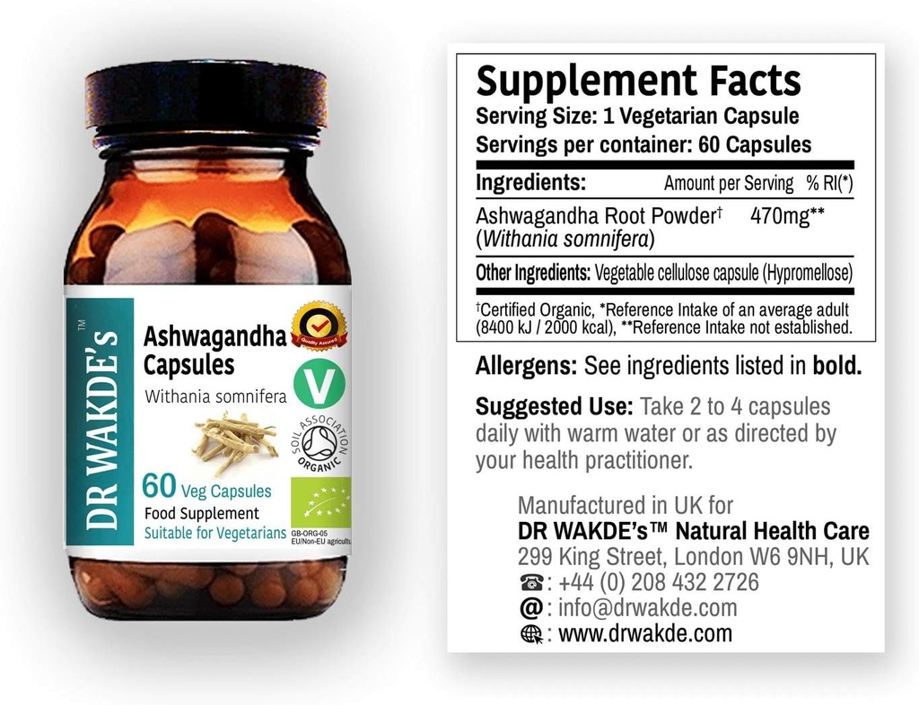 DR WAKDE'S Ashwagandha Capsules (Indian Ginseng, Withania somnifera, 60 Veg Caps, Plant-Based Supplement, Ayurvedic Herb, All Natural, Vegan)