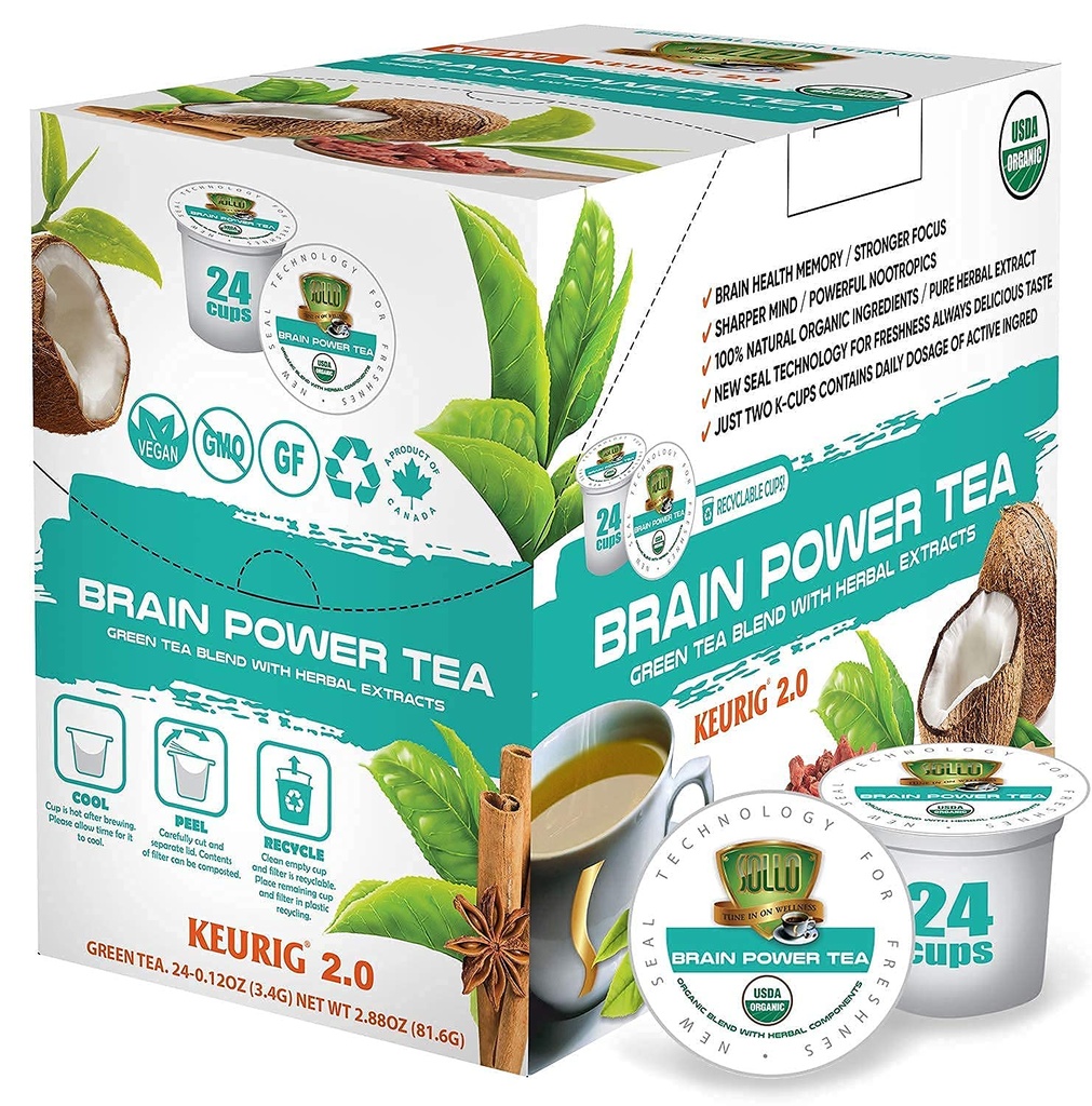 SOLLO Brain Power Organic Green Tea Pods with MCT, Acai & Essential nutrition, Nootropic Brain Booster- Improves Memory & Focus Compatible with 2.0 K-Cup Keurig Brewers, 24 Ct
