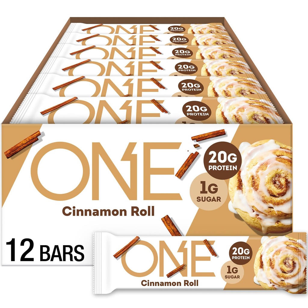 ONE Protein Bares, Cinnamon Roll, Gluten Gratis con 20g Protein y 1g Azúcar, Pantry Staples, 2.12 oz (12 Conde), Packaging May Vary
