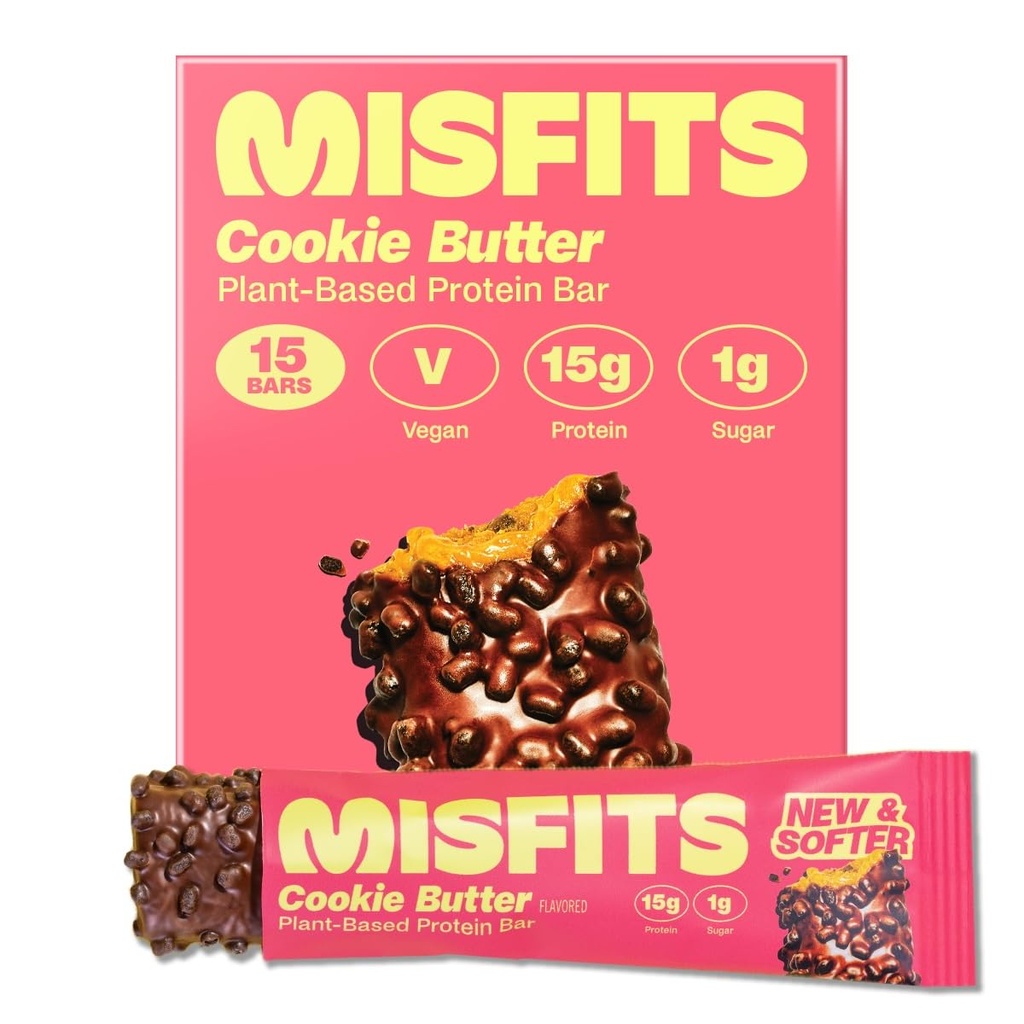 Misfits Vegan Protein Bars, Cookie Butter - Updated Recipe | Plant Based, Low Sugar & Carb, High Fiber Snacks | Pack of 15