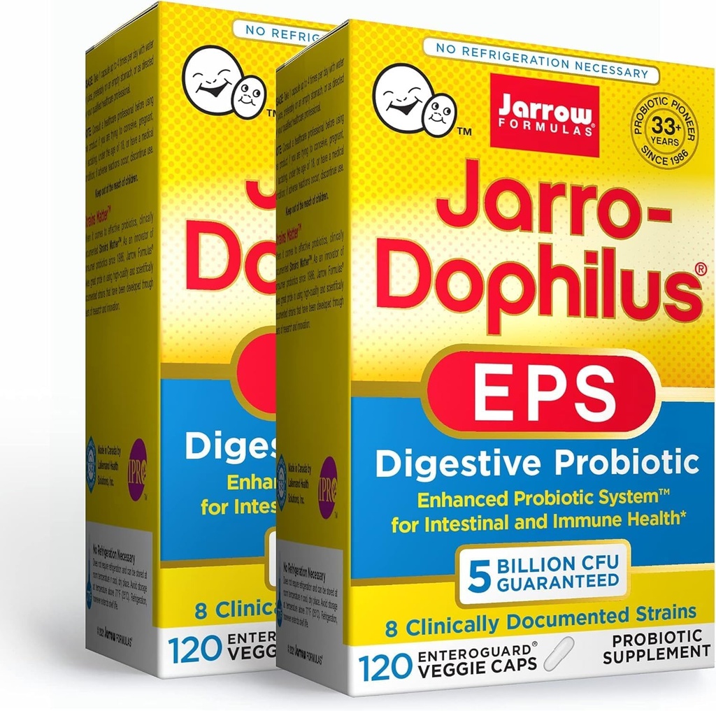 Jarrow Formulas Jarro-Dophilus EPS - 5 Billion Organisms Per Serving - 120 Enteric Coated Veggie Caps, Multi-Strain Probiotic - Intestinal & Immune Health, 120 Count (Pack of 2)