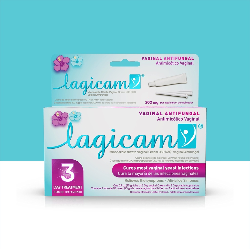 Lagicam 3 Day Vaginal Yeast Infection Treatment for Women, Start working on the 1st Day, Miconazole Nitrate, Antifungal Cream relieves Itching and Irritation, 3 Disposable Applicators & Cream (1 Pack)