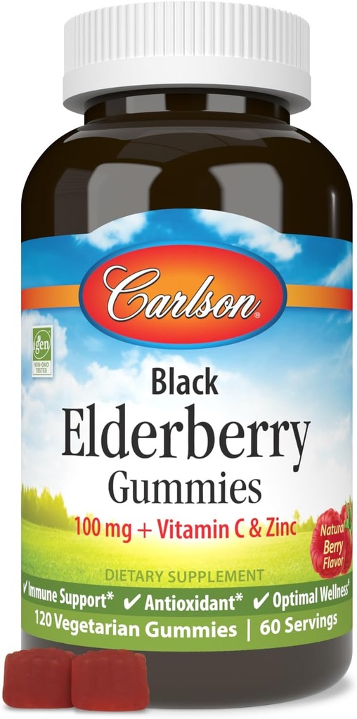 Carlson - Black Elderberry Gummies, con vitamina C & Zinc, Immune Support, 120 Gummies