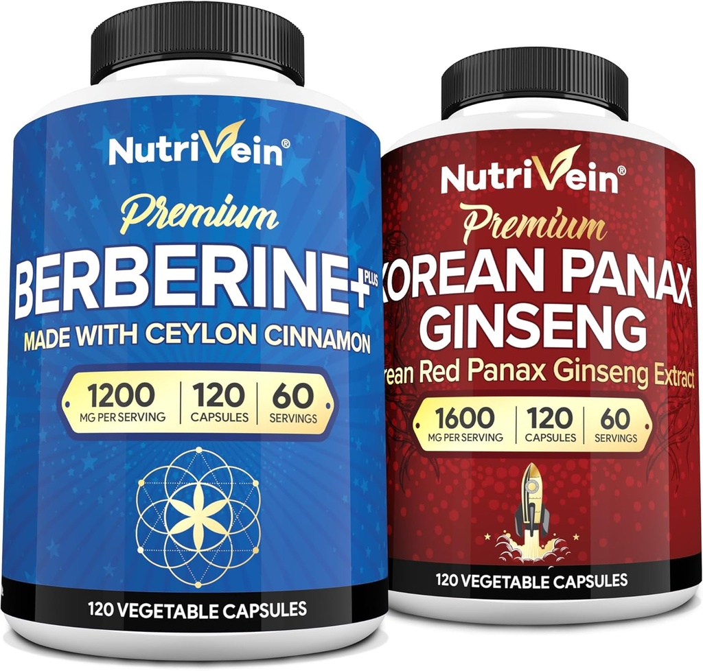 Nutrivein Premium Korean Panax Ginseng Suplemento " Berberine Supplements Bundle: High-Absorption Berberine Complex " Genuine Red Ginseng Bundle for Daily Clarity, Vitality, " Wellness