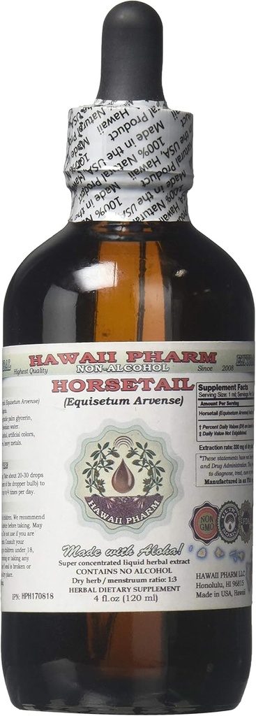 Extracto líquido libre de alcohol, cola de caballo orgánico (Equisetum arvense) Herb seco Glycerite Hawaii Pharm Natural Herbal Suplemento 4 oz